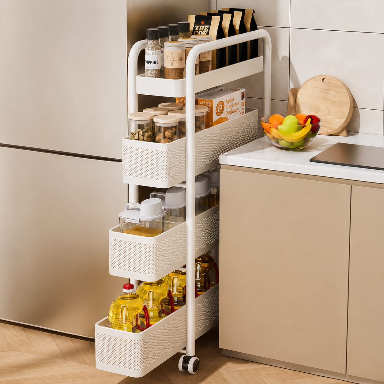 A white three-tier rolling kitchen organizer cart with woven baskets, shown tucked between a beige refrigerator and kitchen counter. The cart is stocked with spices, jars, and bottles, and a fruit bowl sits on the counter beside it.
