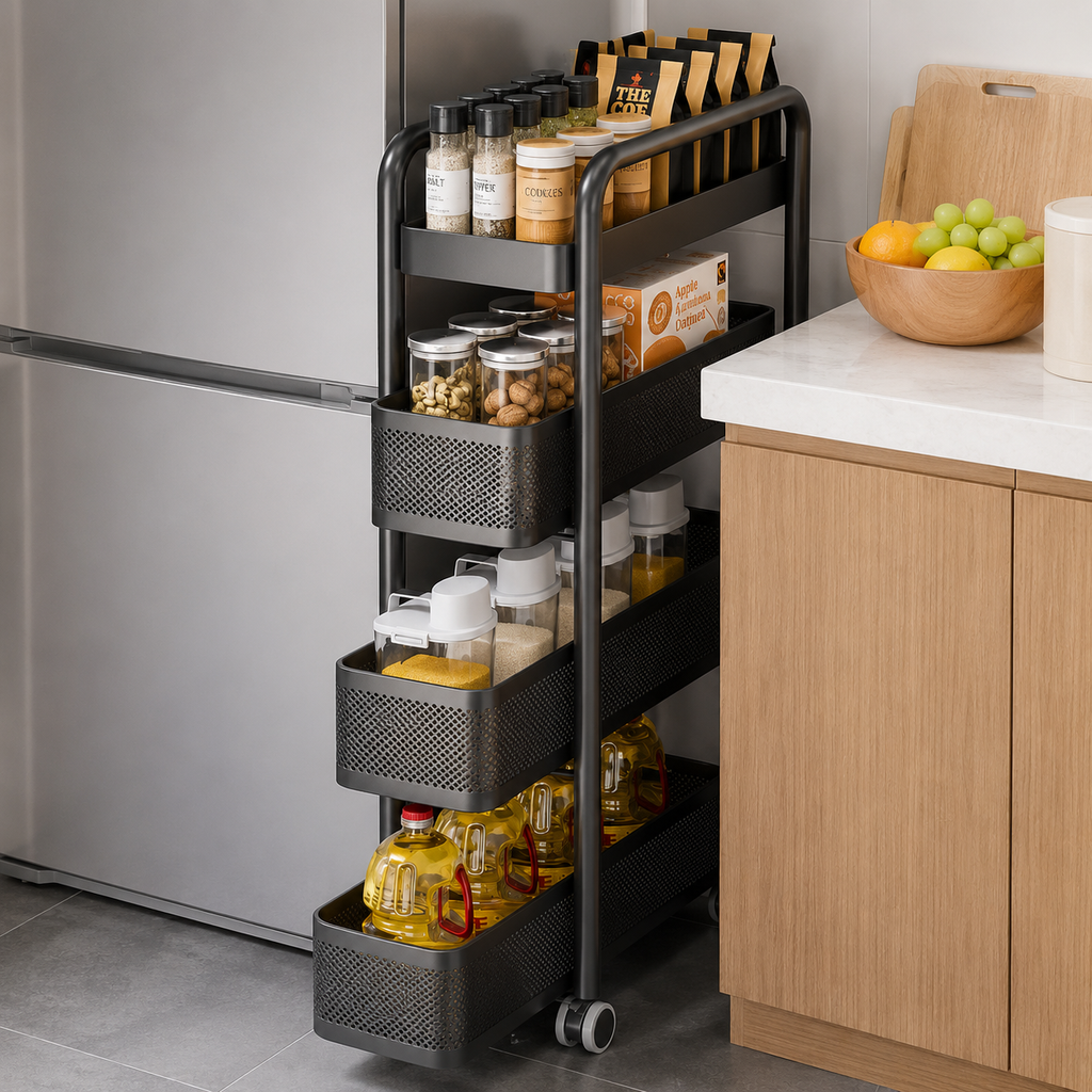 A three-tier black metal spice rack with wheels, shown pulled out next to a refrigerator in a kitchen. The rack is filled with various spices, jars, and bottles, and is positioned between a stainless steel refrigerator and wooden kitchen cabinets.