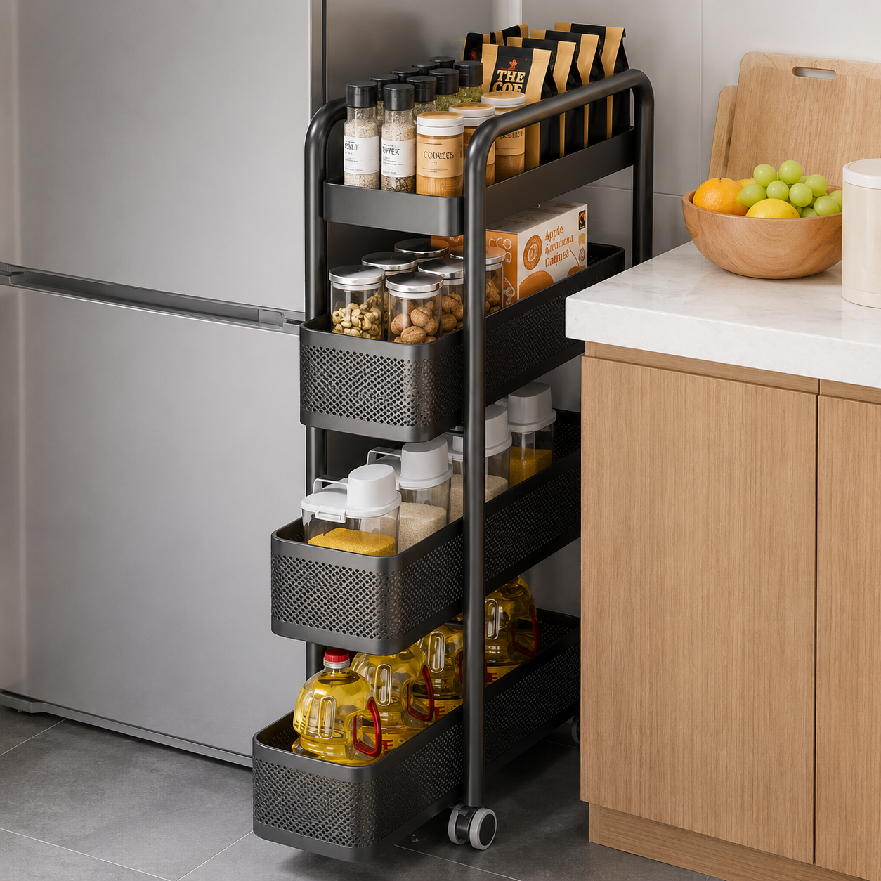 A three-tier black metal spice rack with wheels, shown pulled out next to a refrigerator in a kitchen. The rack is filled with various spices, jars, and bottles, and is positioned between a stainless steel refrigerator and wooden kitchen cabinets.