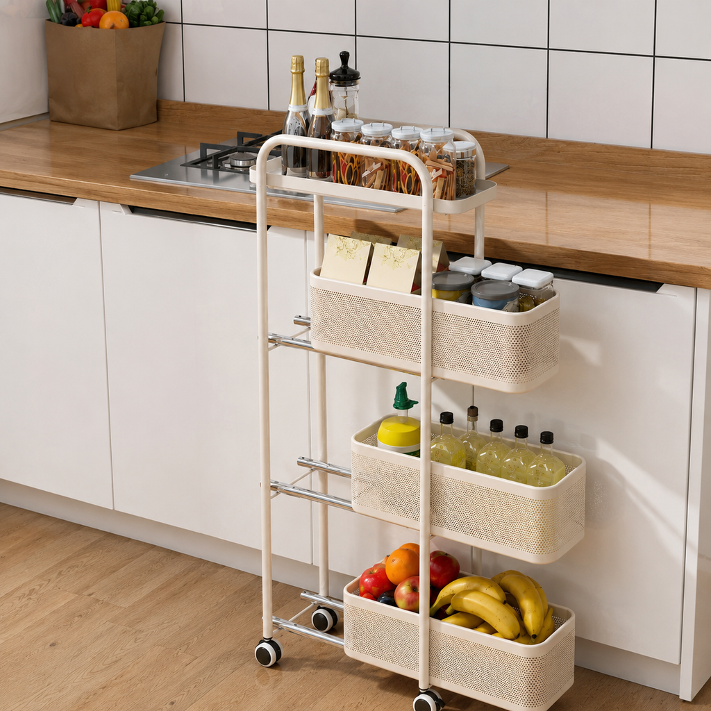 A three-tier rolling kitchen organizer cart with woven cream baskets, shown in a modern kitchen next to a wooden countertop and white cabinets.